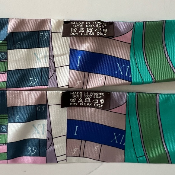 Hermès Set of 2: Silk Twilly Twill Scarf Astrologie Nouvelle Rose Ivoire Vert - Picture 5 of 6